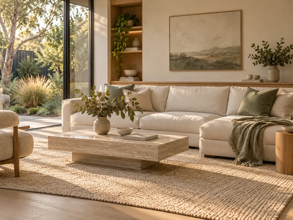 Conceptual living room with warm linen, natural oak and soft garden light